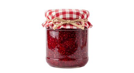 Homemade raspberry jam in a glass jar with a checkered cloth lid and twine © Sapphire