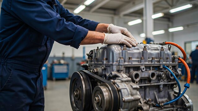 Automotive mechanic repairing engine in modern vehicle maintenance workshop