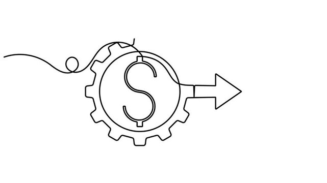 Dollar gear with right arrow icon sign motion graphics continuous one line drawing on white background minimalist single art financial growth business automation symbol animation video