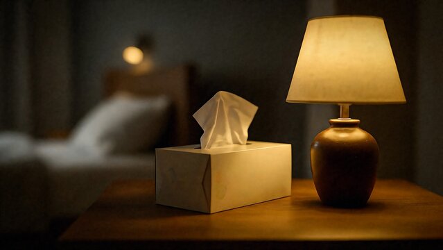 Tissue box on bedside table with warm lamp in cozy bedroom representing comfort illness and home care