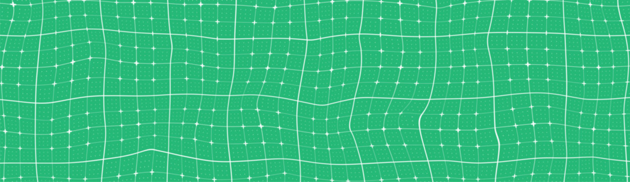 Blueprint bg with distort white squared lines and cross intersections. Green deform graph paper texture. FUI tech warp backdrop. Vector design for math sheets, dashboards and diagrams