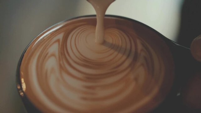 Close Up of Barista Pouring Heart Latte Art in Coffee Cup