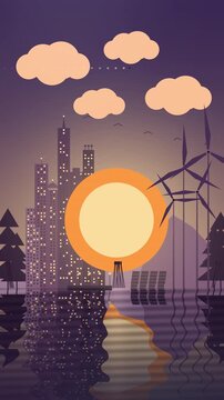 Illustrated eco city glows at sunset with wind turbines and solar panels mirrored in calm water, a vertical clean energy scene for sustainability marketing