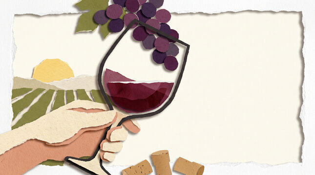 Hand holding a wine glass with grapes and vineyard background  