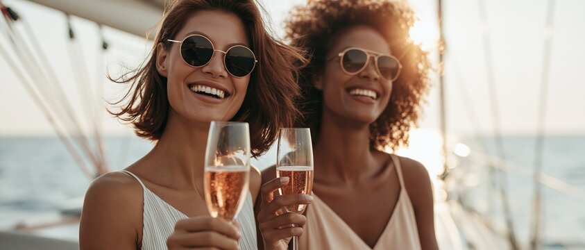 Carefree joy and luxury living captured as two diverse young women laugh and raise champagne flutes aboard a sailboat. Golden sunset light, ocean breeze, and effortless style.