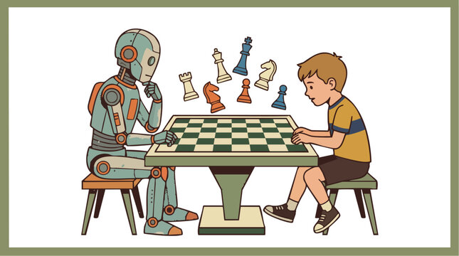 Boy and Robot Playing Chess Vector Illustration