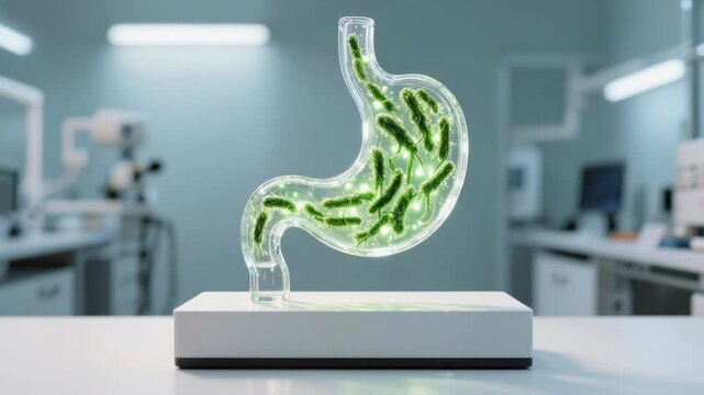 Transparent stomach bacteria in glass model on laboratory table, medical research concept with blurred green microbes background