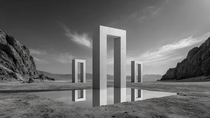 surreal mirrored architectural structure in monochrome desert landscape