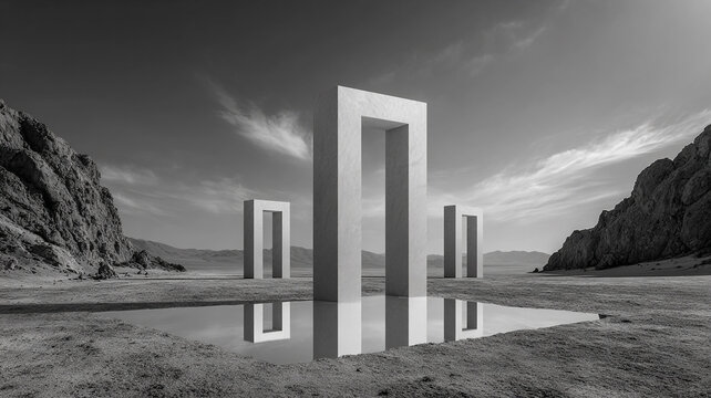surreal mirrored architectural structure in monochrome desert landscape