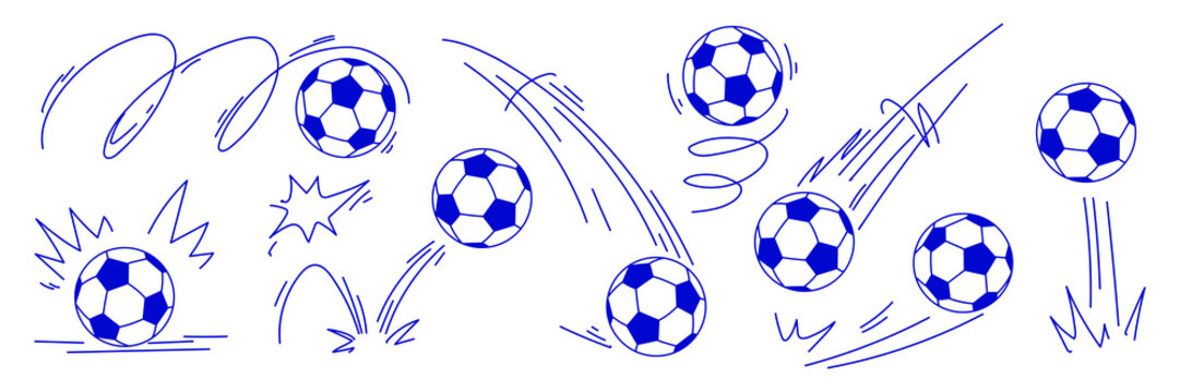 Hand drawn soccer ball bouncing icons with dynamic motion lines, speed trails. Doodle sports illustration with energetic jump movement, spin pitch effect and shoot trajectory in sketch style