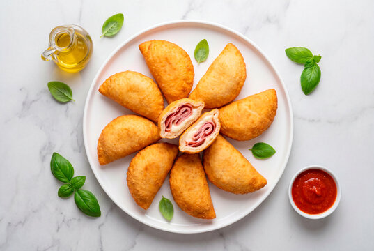 Fried Italian panzerotti with ham and cheese