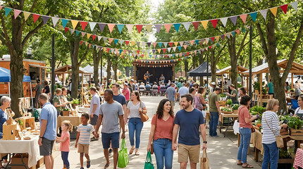 Obraz premium Outdoor market with people shopping and enjoying live music in a park setting