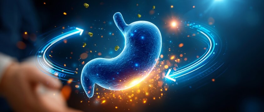 3D rendered blue stomach with glowing particles and arrows, perfect for medical technology presentations.