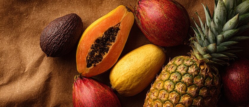Tropical fruits arranged on a rustic brown paper background for culinary or dietary concepts.