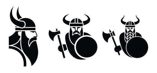 Viking Icons: A trio of stylized Viking warrior silhouettes. warrior icon, Norse mythology, barbarian symbol, ancient warrior. © Jibit