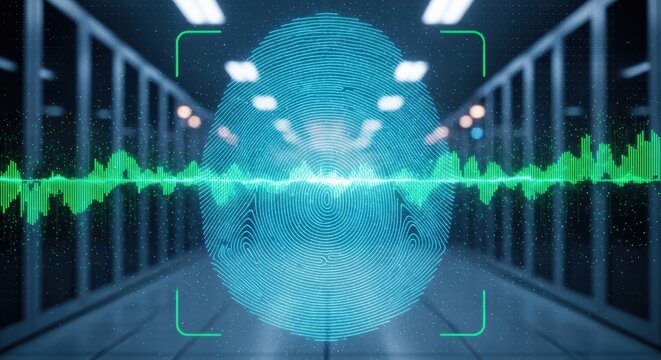 Digital fingerprint scan for biometric identification in data center with sound wave.