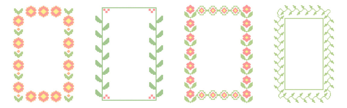 Cross stitch floral border with embroidery pattern, seamless pixel art design. Vector botanical folk motif, spring red flowers and green leaves on white background. Abstract geometric frame elements