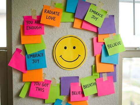 Smiley Face Surrounded by Positive Affirmation Sticky Notes on Wall