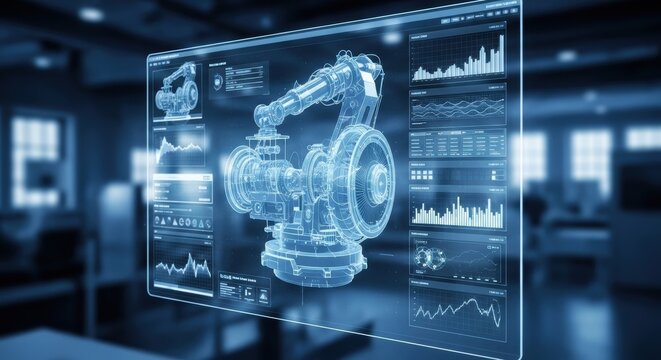 Digital twin interface showing robotic arm blueprint and industrial analytics data.