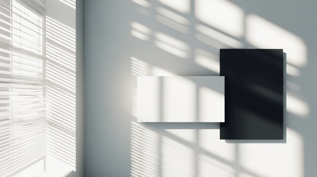 Striped blinds shadow across a pristine white wall in a modern interior