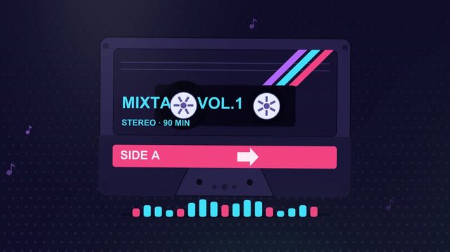 Neon retro cassette tape labeled Mixtape Vol 1 pulses over a colorful audio equalizer, an 80s synthwave vibe perfect for music promos and social media content