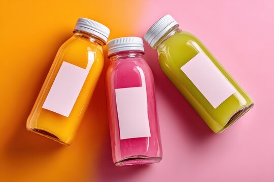 Studio shot of glass juice bottles with empty labels against a vivid color backdrop