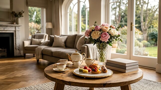 High tea service with pastries and flowers in lounge