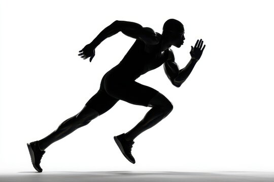 Studio silhouette of a young male runner in athletic wear against a white background