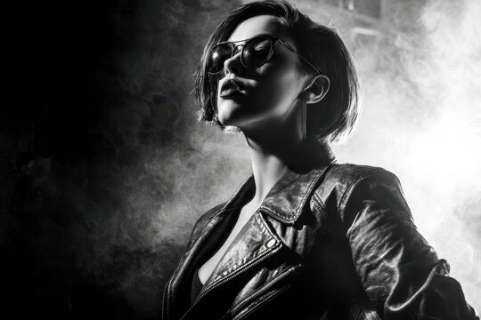 Studio-style monochrome photo of a female rock singer in sunglasses, powerful rock persona