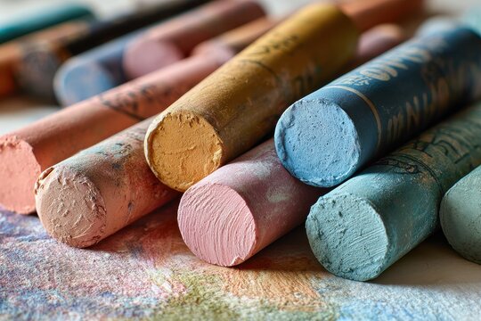 Studio still life of oil pastels with powdery pigment on craft paper, light and shadow study