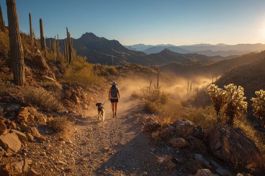 Sunlit Desert Walk: Hiker Woman and Canine Companion on a Warm Arizona Trail