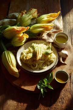 Sunlit rustic pasta dish with squash blossoms, zucchini, and garlic on a wooden board