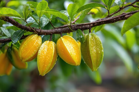 Sunlit starfruit hanging from a lush tropical tree in golden hour light