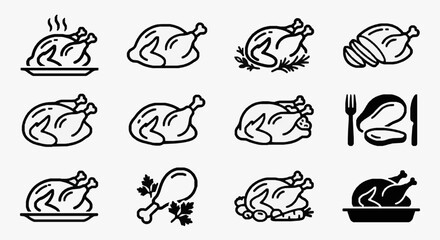 Obraz premium Modern Black and White Line Art Icons of Roasted Chicken Illustrations for Food Restaurant and Menu Design