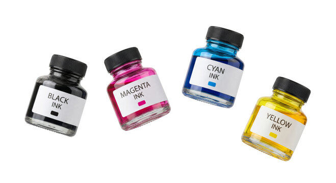 Four bottles of CMYK printer ink floating against a white background