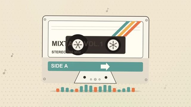 Retro cassette tape drifts over an equalizer and floating notes on warm cream paper, a nostalgic music aesthetic for podcast intros playlist marketing