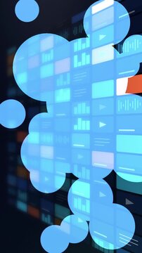 Blue glowing bubbles float over a vertical wall of video thumbnails and waveforms, a modern streaming look for social media content and app promo backgrounds