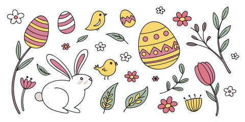 Colorful easter doodles collection with bunnies, eggs, flowers, and spring symbols on white background © Mamun