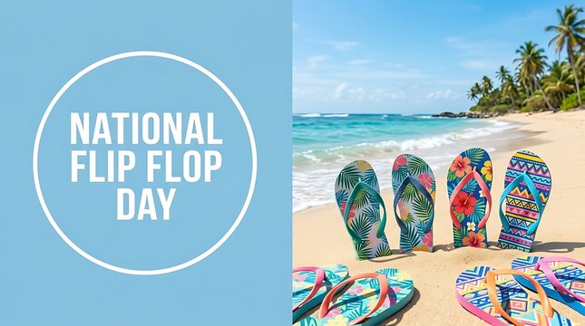 National flip flop day celebration with colorful sandals on a tropical beach