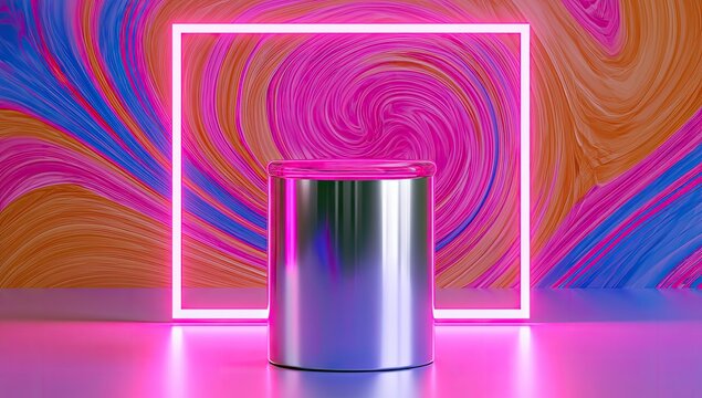 Metallic cylinder with neon square frame on vibrant, swirling abstract background