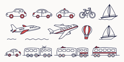 Set of 39 transportation on white background: cars, bikes, planes, trains, boats, buses, and more automobile © Mamun