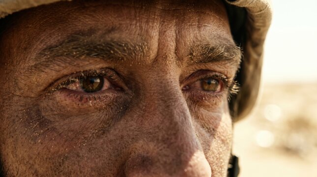 Intense Gaze of a Dirty Soldier Wearing a Helmet