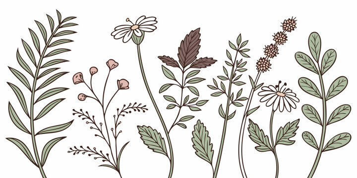 Set of 29 black and white line of herbal plants with leaves and flowers line herbal plants botanical