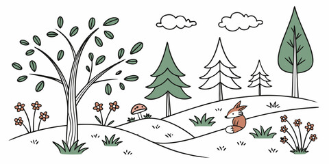 Set of 50 forest landscape trees, plants, mushrooms, and berries on white background, pine birch © Mamun