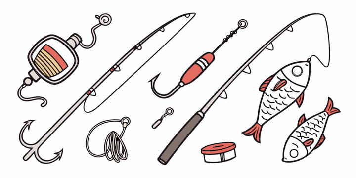 Set of five fishing rods, hooks, sinkers, and lures on white background, fishing hooks fishing sinkers