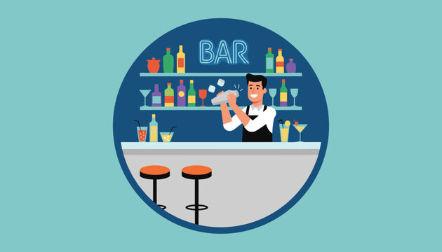 Friendly bartender shaking a cocktail with a shaker behind a bar counter with bottles and stools in a circular frame.