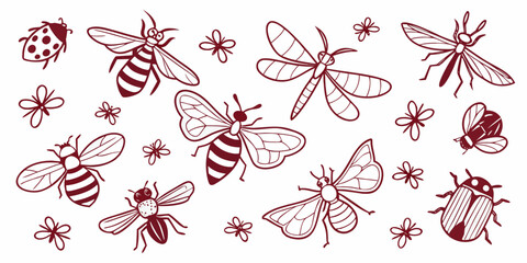 Vibrant set of 20 illustrated bees and insects on white background, bumblebee wasp ladybug © Mamun