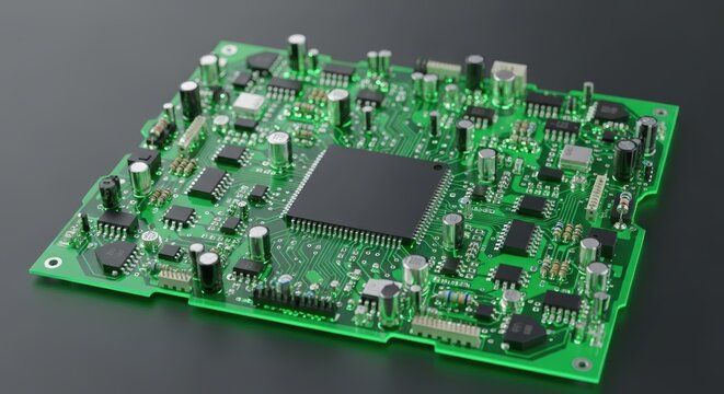 Electronic circuit board featuring green components and black microchip.
