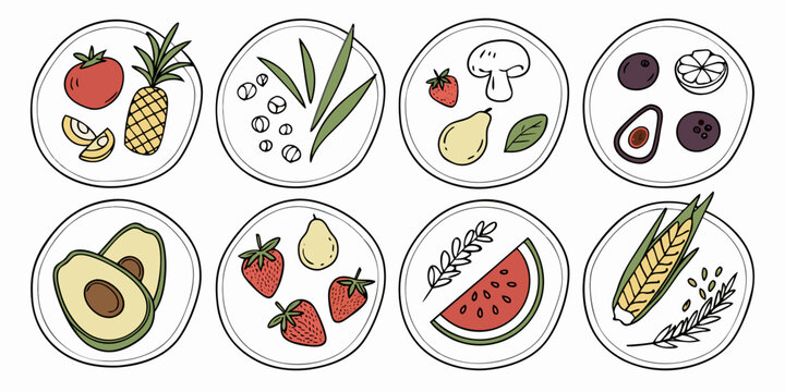 Set of 13 healthy food on white background, including fruits, vegetables, grains, and nuts apple strawberry