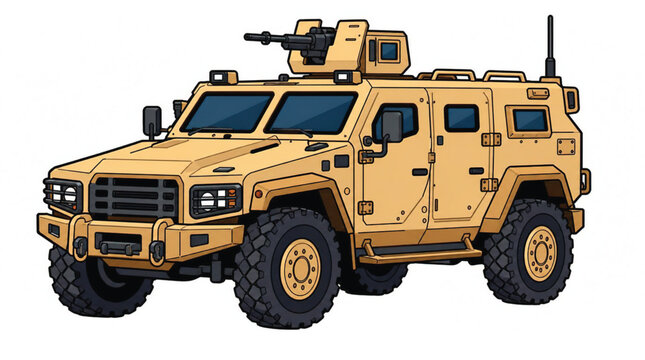 Vector illustration of a rugged armored patrol truck in a desert color scheme, front view